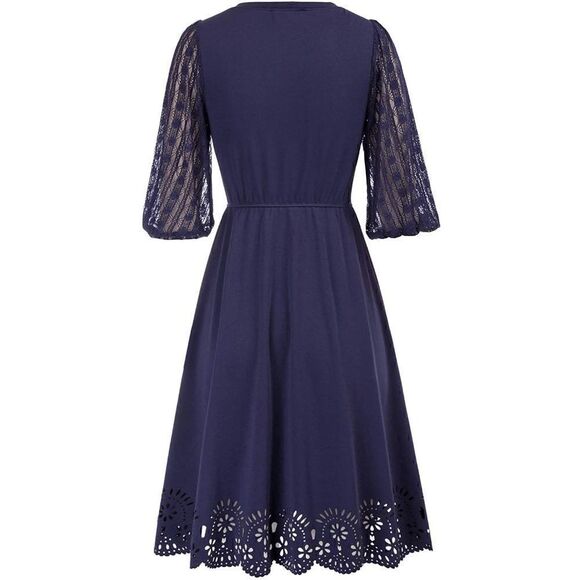 NWT Romantic Elegant Lace Lantern Sleeve A Line Cut Out Swing Skater Navy Dress - Picture 7 of 16